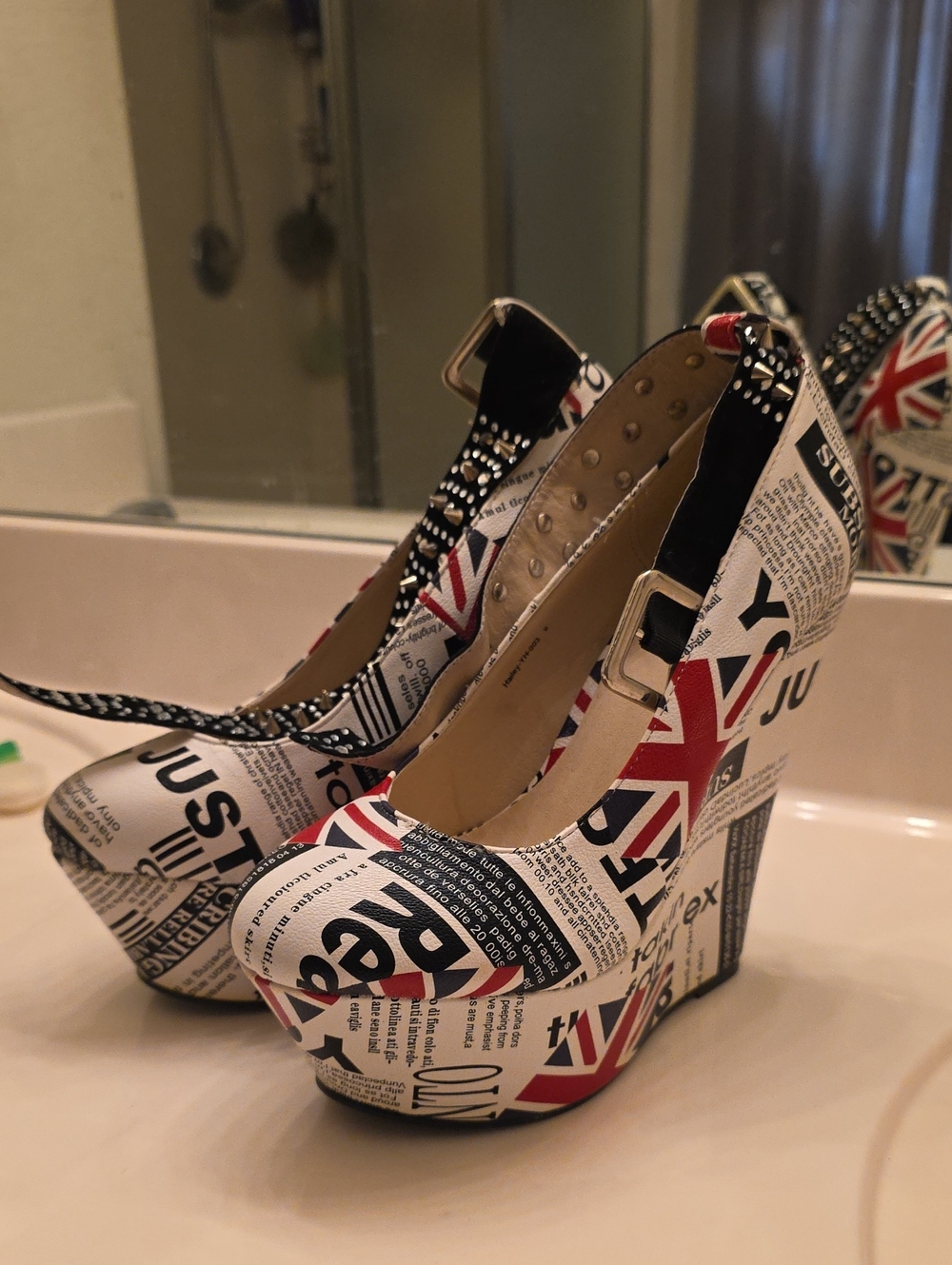 Statement Platform Mary Jane Heels in Red, Black & White Newspaper Print